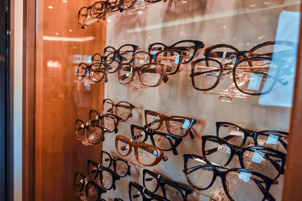 Modern frames on showcase at optic store