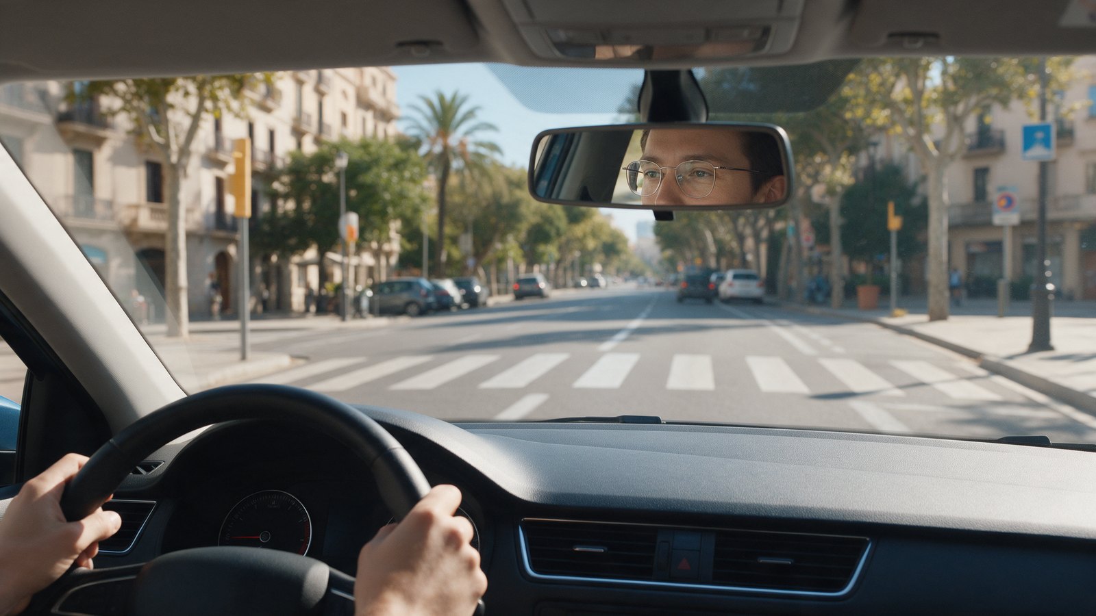 נהג עם משקפי ראייה דקים במראה האחורית של הרכב, ולפניו רחוב עירוני שטוף שמש עם מעבר חצייה