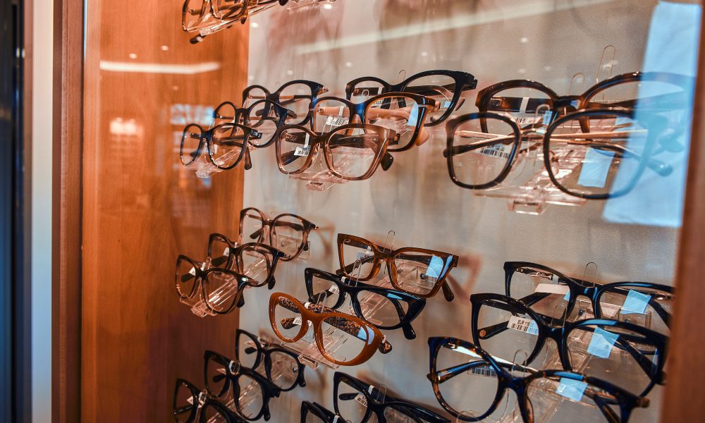 Modern frames on showcase at optic store